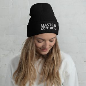 Master control cuffed beanie black with white embroidered writing