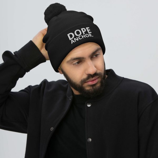 Dope anchor pom-pom beanie black with white embroidered writing